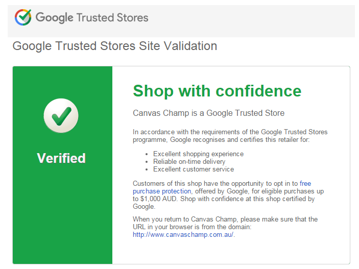 canvas champ shop with confidence Google Trusted Store